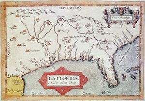 Kartläggning av "Florida". Vi kan se Kräftans vändkrets, Bahamas och Tortugasöarna. I "Teatrum Orbis Terrarum" av kartografen Abraham Ortelius (1527-1598) av Unbekannter Künstler
