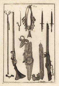 Matchlock-musköt, lås och bajonett från Tower of London 1-3, bajonett 4, muskötstöd och bajonett 5, muskötstöd 6, bandileers och puderkolv 7, hjullås 8,9 och skiftnyckel 10 av Unbekannt