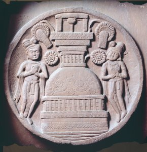 Medaljong med tillbedjare, relief från Stupa av Bharhut, buddhistiskt monument, Madhya Pradesh, Indien, indiska civilisationen, 2:a århundradet f.Kr.