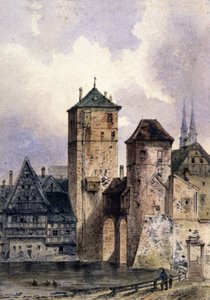 Medeltida stad vid Rhen, ca 1850-1900 (akvarell) av Unbekannter Künstler
