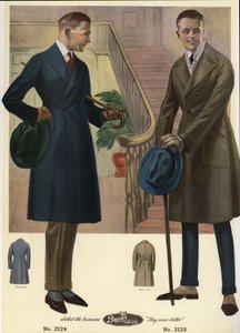 Herrmode 1920 - Män i dubbelknäppta rockar med käppar och hattar, bär spottar. Kromolitografi från en katalog över herrmode från Bruner Woolens av Unbekannter Künstler