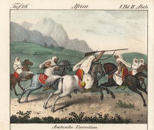 Militära övningar, anfall av arabiska ryttare. Litografi för boken: "Galerie complete en tableaux fideles des peuples d