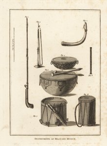 Militära musikinstrument: trumpet, horn, fife, vattenkokare, sidotrumma av Unbekannt