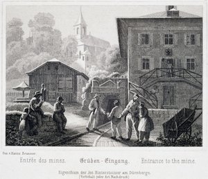 Saltgruva: ingången till gruvan, i Durrnberg, Österrike, omkring 1850 av Unbekannt