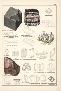 Mineraler och kristaller (fluorit, celestin och fibröst ädelstenssalt) - Kromolitografi av mineralogi av Gustav Adolph Kengott (1818-1897), utdrag ur naturhistoria av Gotthilf Heinrich von Schubert (1780-1860) av Unbekannter Künstler