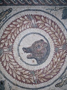 Mosaik av peristylen. Detalj som representerar en björns huvud. 3:e - 4:e århundradet. Romersk villa i Casale, Sicilien. UNESCO webbplats. av William M. Timlin