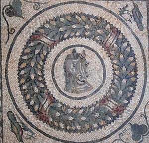 Mosaik av peristylen. Detalj som representerar ett hästhuvud. 3:e - 4:e århundradet. Romersk villa i Casale, Sicilien. UNESCO plats. av William M. Timlin