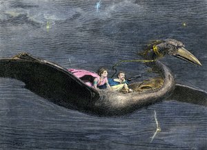Myter och legender: Rokh eller Roc (jättefågel i arabisk-persisk mytologi. Den förekommer i delar av Tusen och en natt). Kolorerad gravyr från 1800-talet. av Unbekannter Künstler
