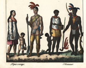 Infödda i Kanada: en indianfamilj från Lake Nipissing och en indianfamilj från Ottawa-området. Litografi för boken: "Galerie complete en tableaux fideles des peuples d