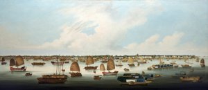 "Navigation på Pärlfloden (eller Zhu Jiang, Kantonfloden), utanför ön Henans kust, med utsikt över de europeiska fabrikerna i Kanton (Kina) av Unbekannter Künstler