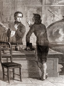 Nicéphore Niépce, även om den fortfarande är okänd och fattig, i Charles Chevaliers optik- och instrumentaffär, från Les Merveilles de la Science, publicerad ca 1870 (gravyr) av Unbekannt