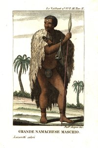 Ädel Namaqua-man från Sydafrika. Han bär en pälskappa och en kappa och håller i ett spjut.från Francois Le Vaillant (Levaillant av Unbekannter Künstler