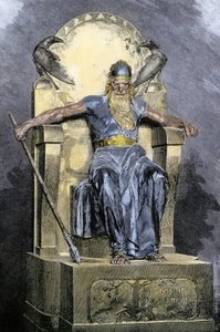 Nordisk mytologi: representation av gudomen Wotan (Odin). Färggravyr från 1800-talet. av Unbekannter Künstler