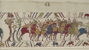 Normandiska soldater lämnar Hastings för att slåss med Harold, Bayeux Tapestry (ullbroderi på linne) av Unbekannt