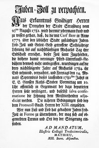 Anmälan från Strasbourgs styrande organ för de tretton (Tredecim Viri) om en offentlig auktion över rätten att ta ut "Juden Zoll" i tre år av Unbekannt