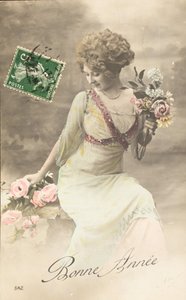 Gammalt vykort/Gott år/Wish/Woman Belle Epoque av William M. Timlin