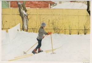 Ett av barnen till den svenske illustratören Carl Larsson (1853-1919) som lärde sig att röra sig på skidor. Teckning från "" Das haus in der sonne"" 1921 av Unbekannt