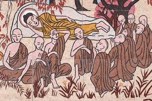 Ong Nui buddhistisk pagod, väggfresk, Buddhas liv, Efter 45 år av undervisning i Dharma, gick Buddha in i Parinirvana, Quy Nhon, Vietnam, 2019 (foto) av Unbekannt