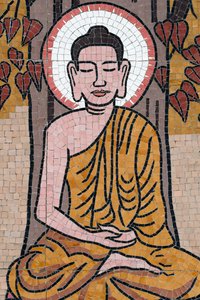 Ong Nui buddhistisk pagod, väggfresk, Buddhas liv, Shakyamuni Buddha som sitter i meditationsställningen under Bodhiträdet, Quy Nhon, Vietnam, 2019 (foto) av Unbekannt