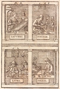 Guldsmed och alkemistiska symboler: Saturnus och bly, Jupiter och tenn, Månen och silver, Sol och guld - Guldsmeder och silversmeder Alkemisk symbolik av Unbekannt