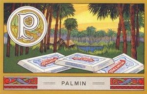 P : Palmine - Alfabetet Palmine. Serie av kromolitografier redigerade av H. Schlinck & Cie, Hamburg, sid. d. . Annons för Palmins finaste kokosfett. Mått: 7 x 11 cm av William M. Timlin