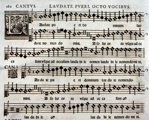 Sida med partitur av Laudate Pueri Psalm med 8 röster av Thomas Luis de Victoria av Unbekannter Künstler