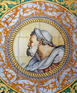 Målad maiolica-panel som visar en gammal mans huvud i stil med Michelangelo, gjord av Ceramiche Desuir, Santo Stefano di Camastra, Sicilien, Italien, Detalj av William M. Timlin