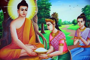 Målning som visar Buddha som tar emot offer. Kambodja av Unbekannt