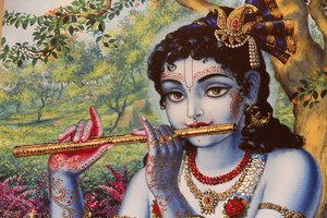 Målning som föreställer den hinduiska guden Krishna som spelar en flöjt utomhus. Indien av Unbekannt