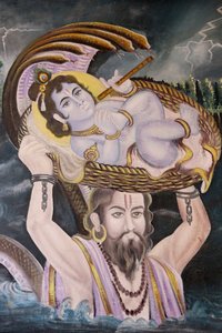 Målning i Gokul : Krishna som en baby buren över Yamunafloden av Vasudeva. Indien av Unbekannt