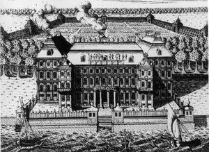 Palace of A, Menshikov på Vassily Island: En av de första byggnaderna som byggdes i St. Petersburg (1711-1716), gravyr av A, Zubov (1717), Ryssland. av Unbekannt