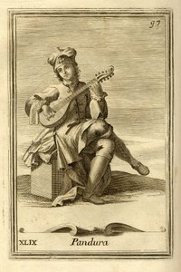Pandura stränginstrument av bysantinskt ursprung, förfader till mandolin. I "Gabinetto Armonico" av Filippo Bonanni, Rom av Unbekannter Künstler