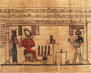 Papyrus från First Book of Breathing of Ousirour, Thoth vägande själ av Ousirour före Isis och Osiris