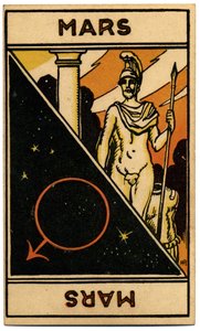 Paranormalt. Astrologi. Mars (planet). Astrologikort från: Le Tarot Astrologique (Astrologisk Tarot), av Georges Muchery, Frankrike av Unbekannter Künstler