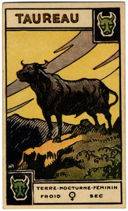 Paranormalt. Astrologi. Oxen (tjuren). Astrologiskt kort från: Le Tarot Astrologique (Astrologisk Tarot), av Georges Muchery, Frankrike av Unbekannter Künstler