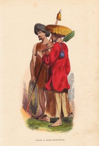 Bonde och soldat Cochinchinois (Vietnam) - Män från Vietnam (Cochinchine): soldat med turban, sköld och spjut, och bonde med halmhatt, tunika och spade - Handkolorerat träsnitt av Mercier från "Moeurs, Uses et Costumes de tous les Peuples du Monde, As av Unbekannter Künstler