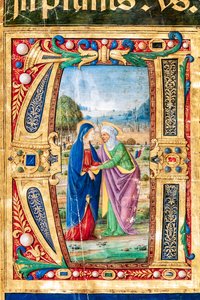 Piccolomini bibliotek: Körbok, torsk. 14.P., ff. 2r med "The Visitation of Mary and St. Mary". Elizabeth, av Giovanni di Giuliano Boccardi, känd som Boccardino den äldre. Detalj. av Unbekannter Künstler