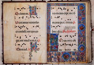 Piccolomini bibliotek: körbok, torsk. 8-H, ff. 1v-2r med "Kristus i Getsemane trädgård", av Bernardino Cignoni. av Unbekannter Künstler