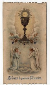 Fromma bild: två änglar ber inför en bägare varifrån en värd kommer ut med JHS christogram - Bild ges för en första nattvard 1925 av Unbekannt