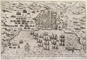 Plan för Drakes attack mot Santo Domingo, ca 1595 (gravyr) av Unbekannter Künstler