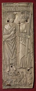 Tavla föreställande Basiliscus, kejsaren av östern (d.478) med en stridsvagn nedanför, romersk, 480 e.Kr. (elfenben) av Unbekannt