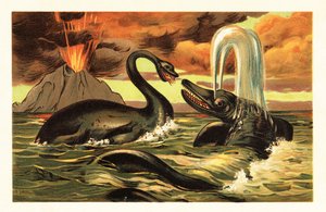 Plesiosaurus och Ichthyosaurus kämpar framför ett utbrott 1908 (litografi) av Unbekannter Künstler