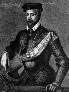Porträtt av Gaspard de Coligny, Seigneur de Chatillon (1519-1572), fransk adelsman, amiral och hugenottledare i franska religionskrigen, gravyr av William M. Timlin