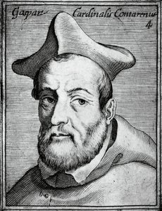Porträtt av Gasparo Contarini (1483-1542), italiensk kardinal och biskop, gravyr från de mest berömda ikonerna av all dygd och vetenskap, av Claudius Pernetus av William M. Timlin