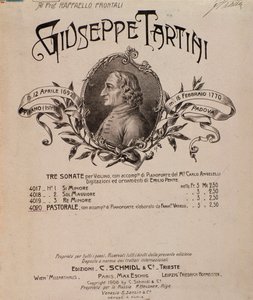 Porträtt av Giuseppe Tartini. Frontispice av musikaliska partitur av Sonatas av Unbekannter Künstler