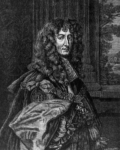 Porträtt av prins Rupert Wittelsbach av Rhen (1619-1682), hertig av Bayern, hertig av Cumberland, jarl av Holderness, tysk general och amiral, gravyr av William M. Timlin