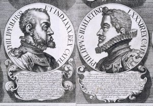 Porträtt av Filip II och Filip III av Spanien (litho) av Unbekannt