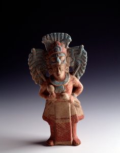 Precolombiansk konst, Mayacivilisation, sen klassisk period: statyett av antropomorfisk lera som representerar en stående figur, har funktionen som ett musikinstrument. från Nebaj, Quiche, Guatemala. Dämpa. 21x11 cm Guatemala, Museo Nazionale di Archeologi av Unbekannt