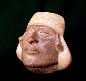 Pre-columbiansk konst, mochica civilisation: terrakottavas som representerar en mans huvud - 200 BC-700 AD - Lima, National Museum of Anthropology and Archaeology, Peru - Förcolumbiansk konst, Moche civilisation av Unbekannt