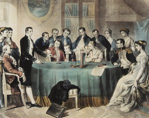 Voltas presentation 1801 av experimenten med det elektriska batteriet för förste konsuln Napoleon Bonaparte (gravyr) av Unbekannter Künstler